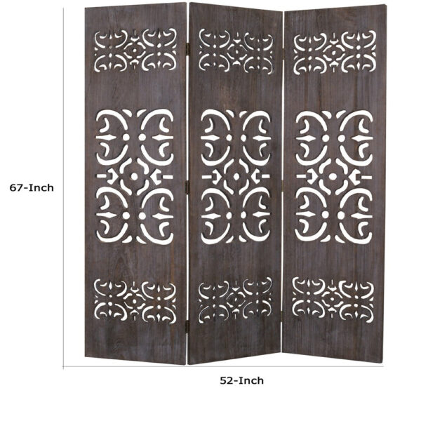 3 Panel Shinto Cut Out Design Foldable Room Divider, Brown