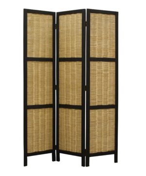 Cottage Style 3 Panel Room Divider with Willow Weaving, Black and Brown