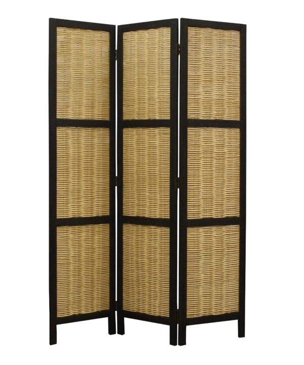 Cottage Style 3 Panel Room Divider with Willow Weaving, Black and Brown