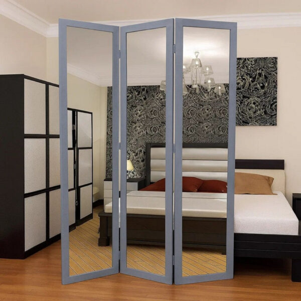 3 Panel Wooden Foldable Mirror Encasing Room Divider,Light Gray and Silver