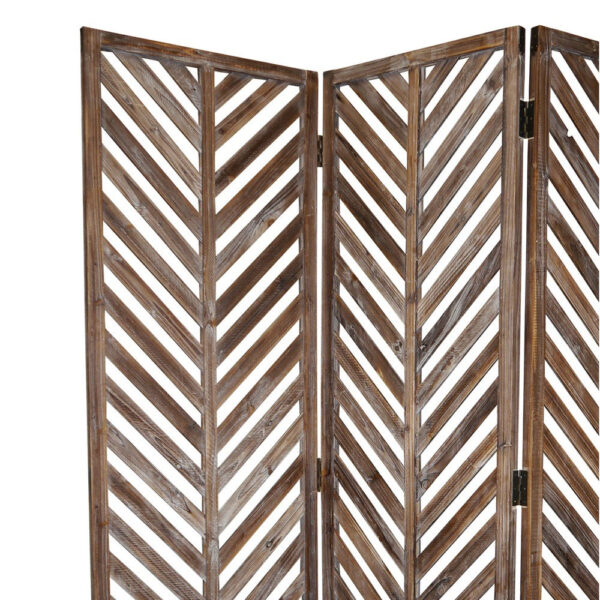3 Panel Foldable Wooden Screen with Herringbone Pattern, Brown