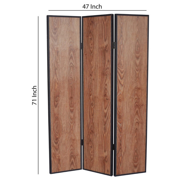 3 Panel Foldable Wooden Screen with Grain Details, Brown