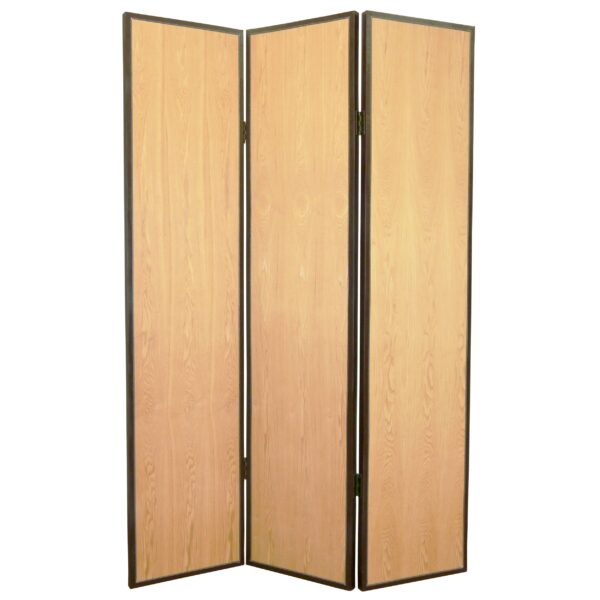 150220266991773c4ab31.jpeg Foldable 3 Panel Wooden Screen with Faux Leather Trim, Brown