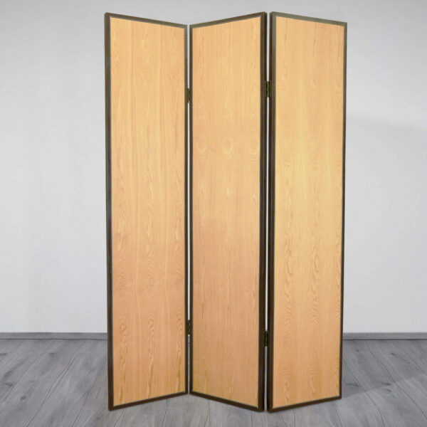 1502202669917744cdcfe.jpeg Foldable 3 Panel Wooden Screen with Faux Leather Trim, Brown