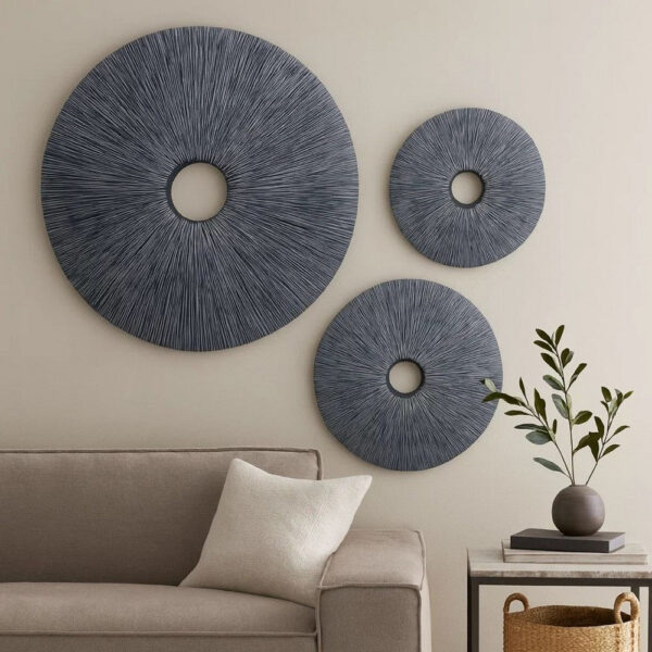 Ribbed Round Sandstone Wall Decor Set of 2 with Cut Out at Centre, Large, Gray