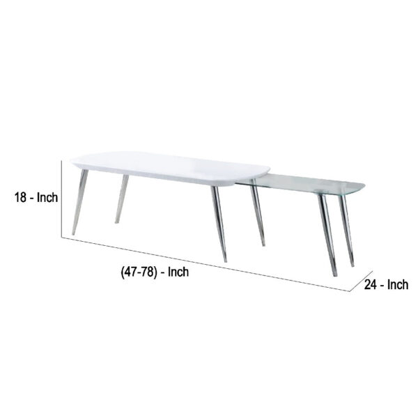 Coffee Table with Pull Out Tabletop, White and Silver