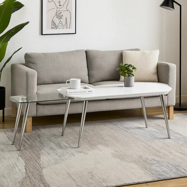 Coffee Table with Pull Out Tabletop, White and Silver