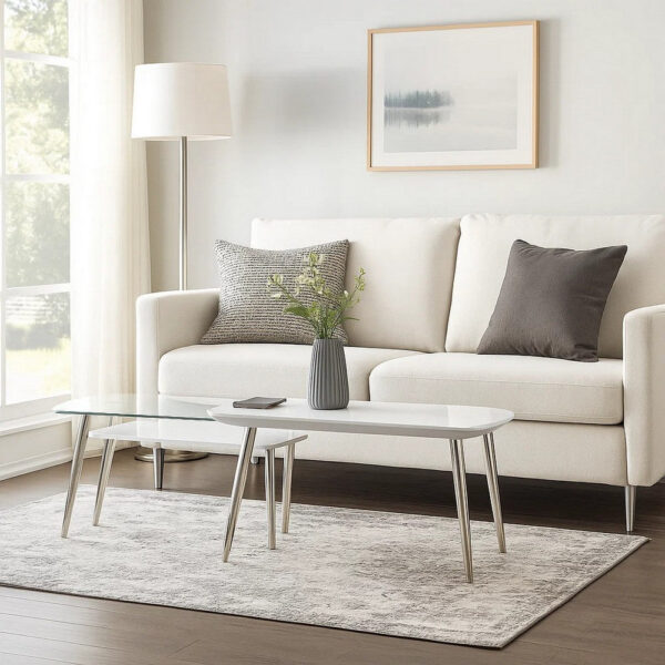 Coffee Table with Pull Out Tabletop, White and Silver