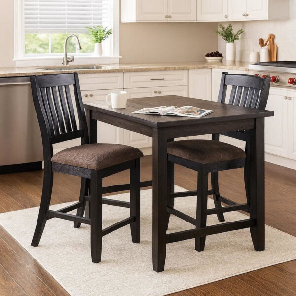 Chair with High Slatted Back Design, Set of 2, Dark Brown