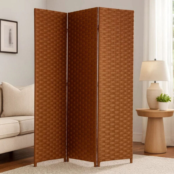 Wooden Foldable 3 Panel Room Divider with Streamline Design, Dark Brown