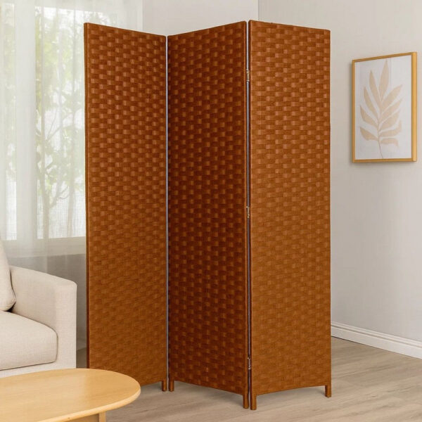 Wooden Foldable 3 Panel Room Divider with Streamline Design, Dark Brown