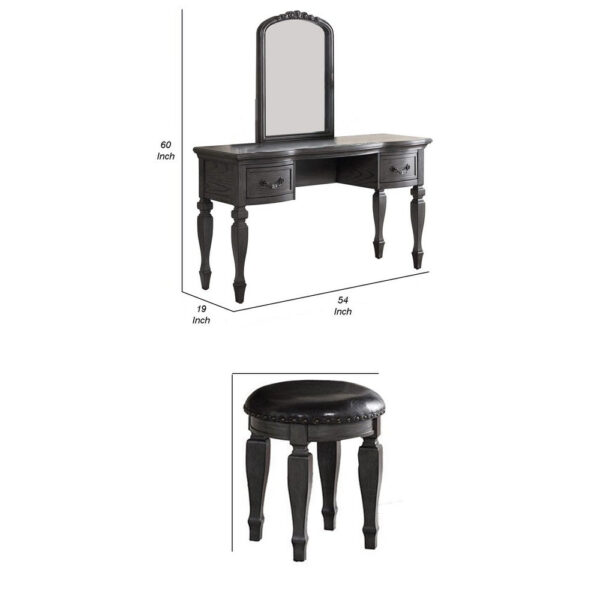 3 Piece Vanity Set with Carved Mirror and Turned Legs, Gray
