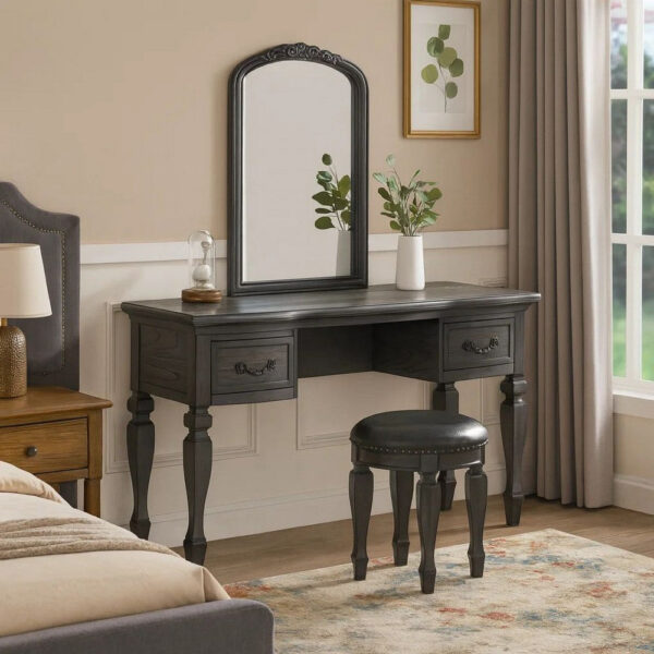 3 Piece Vanity Set with Carved Mirror and Turned Legs, Gray