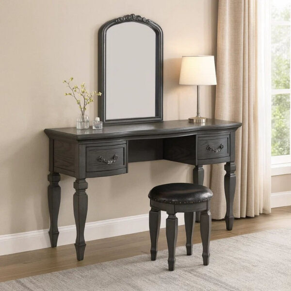 3 Piece Vanity Set with Carved Mirror and Turned Legs, Gray