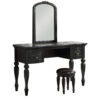 3 Piece Vanity Set with Carved Mirror and Turned Legs, Black