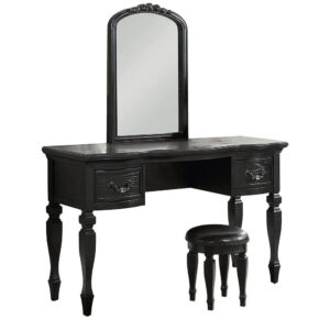 3 Piece Vanity Set with Carved Mirror and Turned Legs, Black