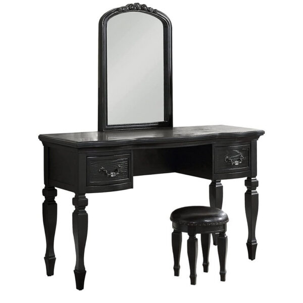 3 Piece Vanity Set with Carved Mirror and Turned Legs, Black