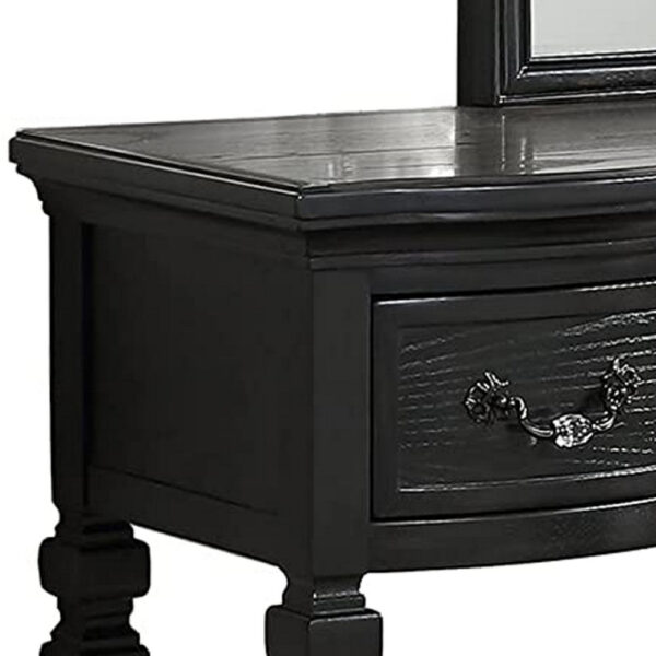 3 Piece Vanity Set with Carved Mirror and Turned Legs, Black