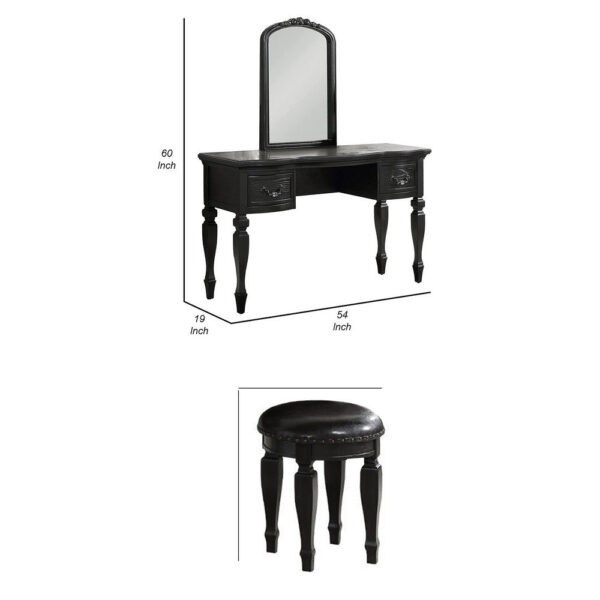 3 Piece Vanity Set with Carved Mirror and Turned Legs, Black