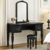 3 Piece Vanity Set with Carved Mirror and Turned Legs, Black