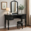 3 Piece Vanity Set with Carved Mirror and Turned Legs, Black