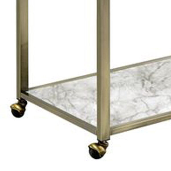 2 Tier Serving Cart with Faux Marble and Metal Frame, Silver