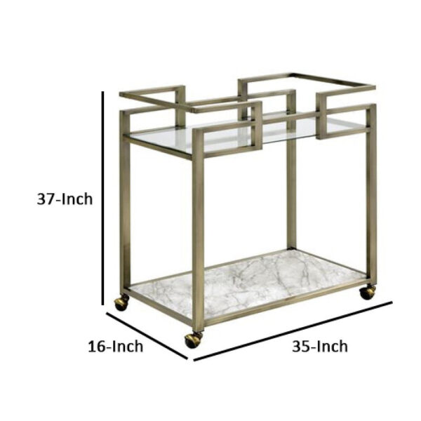 2 Tier Serving Cart with Faux Marble and Metal Frame, Silver