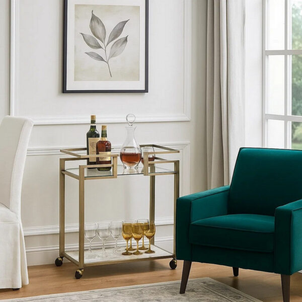 2 Tier Serving Cart with Faux Marble and Metal Frame, Silver