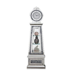 Mirrored Grandfather Clock with 3 Open Compartments, Silver