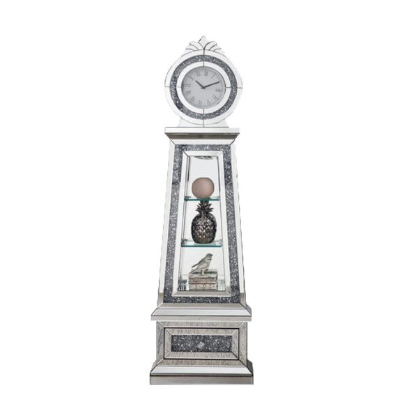 Mirrored Grandfather Clock with 3 Open Compartments, Silver