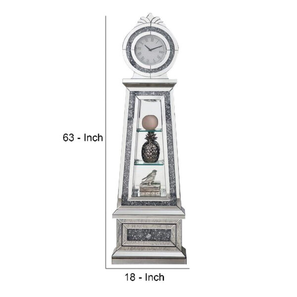 Mirrored Grandfather Clock with 3 Open Compartments, Silver