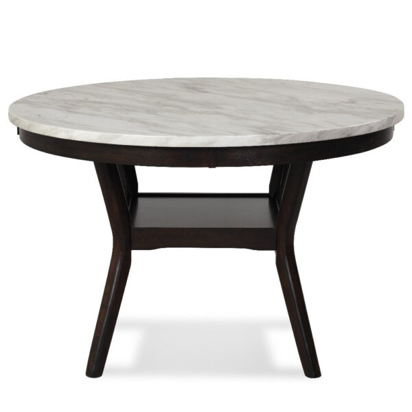 Kate 47 Inch Round Dining Table with Faux Marble Top, White and Brown