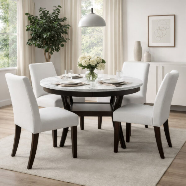 Kate 47 Inch Round Dining Table with Faux Marble Top, White and Brown