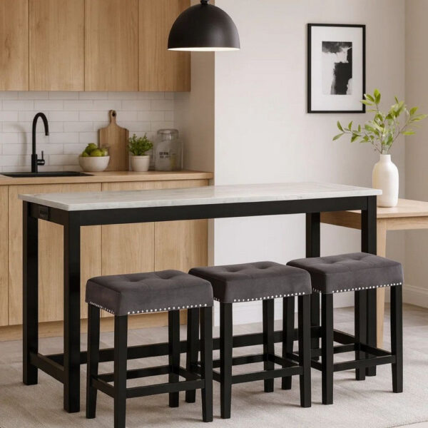 Kate 60 Inch 4 Piece Bar Table Set with Upholstered Stools, Gray