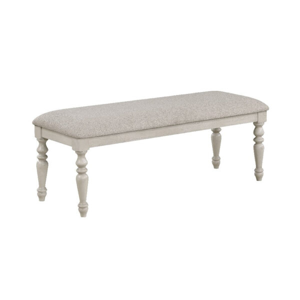 Katherine 48 Inch Bench with Fabric Seat and Turned Legs, White