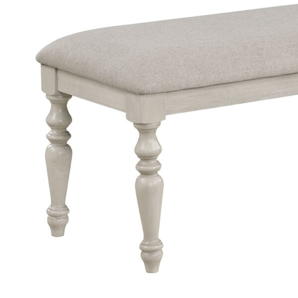 Katherine 48 Inch Bench with Fabric Seat and Turned Legs, White