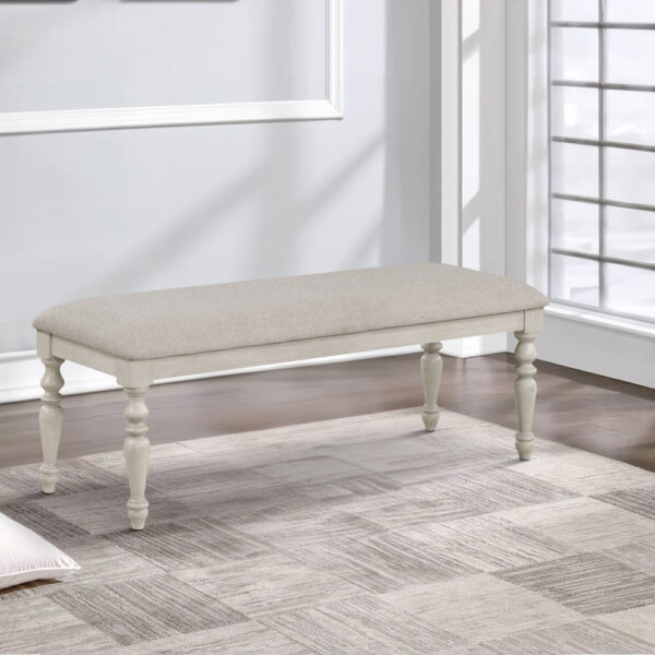 Katherine 48 Inch Bench with Fabric Seat and Turned Legs, White