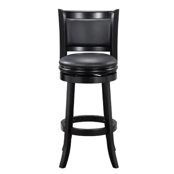 29 Inch Pio Solid Wood Swivel Barstool, Vegan Faux Leather, Curved Backrest, Black