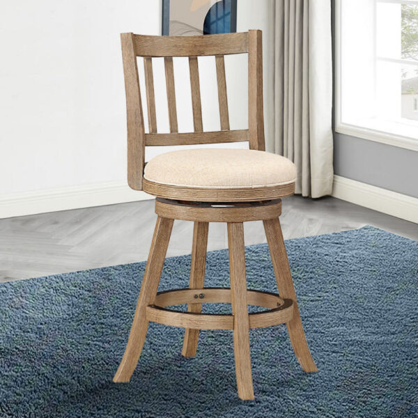 Adam 24 Inch Solid Wood Swivel Counter Stool, Slatted Back, Ivory