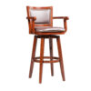 Hugo 34 Inch Swivel Barstool, Wood, Open Rolled Arms, Bonded Leather, Brown