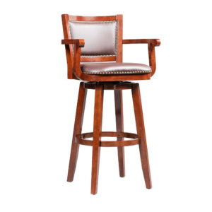 Hugo 34 Inch Swivel Barstool, Wood, Open Rolled Arms, Bonded Leather, Brown