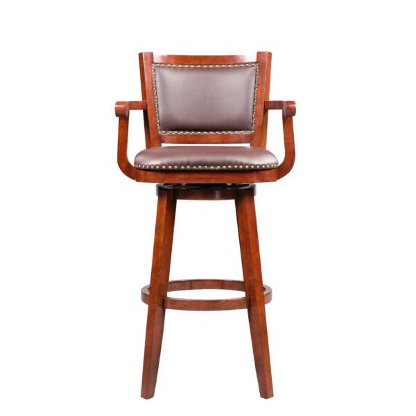 Hugo 34 Inch Swivel Barstool, Wood, Open Rolled Arms, Bonded Leather, Brown