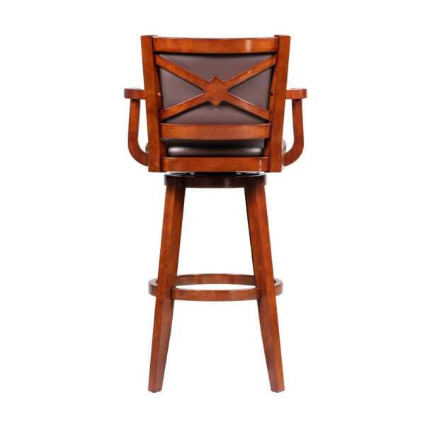 Hugo 34 Inch Swivel Barstool, Wood, Open Rolled Arms, Bonded Leather, Brown