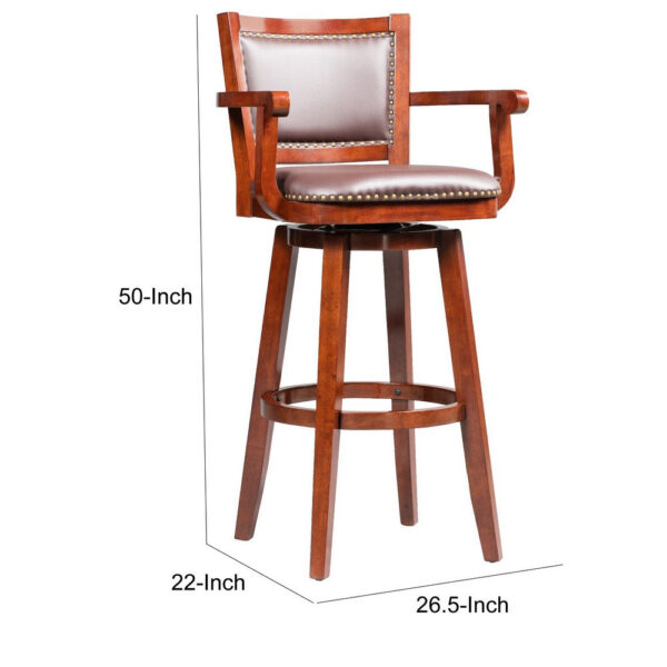 Hugo 34 Inch Swivel Barstool, Wood, Open Rolled Arms, Bonded Leather, Brown