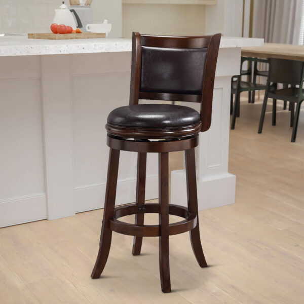 Pal 29 Inch Swivel Bar Stool, Solid Wood, Rich Faux Leather, Espresso Brown