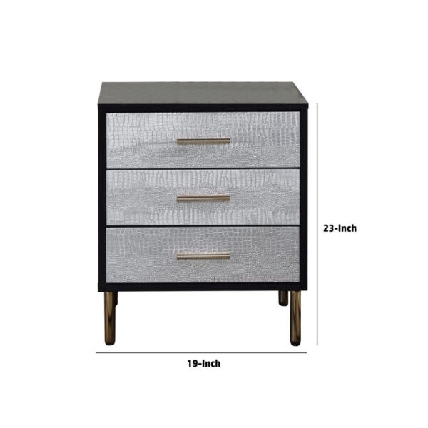 San 19 Inch Glamorous Style Nightstand, 3 Drawers, Black, Silver, Gold