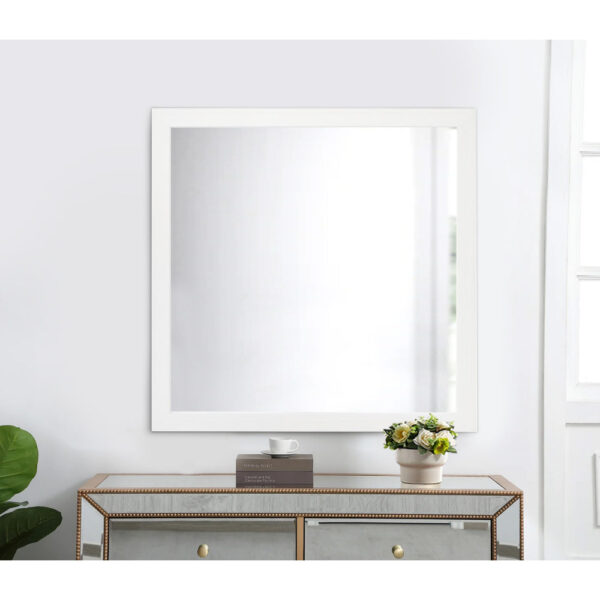 40 Inch Wall Mirror, Sleek Square Wood Frame, White