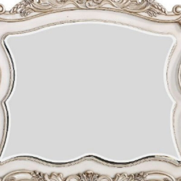 50 Inch Solid Wood Mirror, Scalloped, Scroll Ornate Trim, Antique White