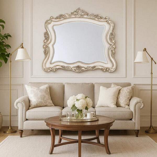50 Inch Solid Wood Mirror, Scalloped, Scroll Ornate Trim, Antique White
