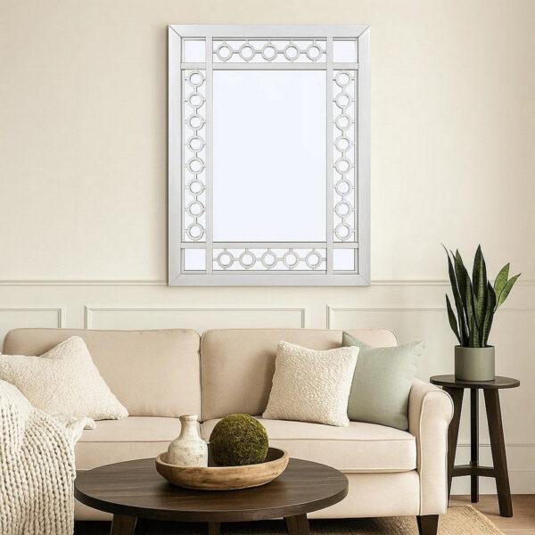 40 Inch Ornate Wood Mirror, Portrait, Round Cut Out Design, White